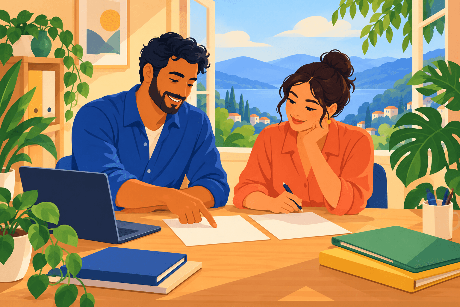 Two colleagues reviewing documents together in a sunny workspace