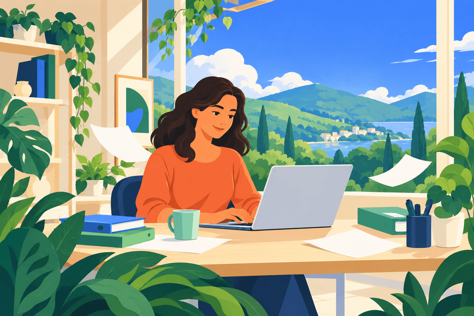 An operator working with a laptop in a bright, plant-filled studio